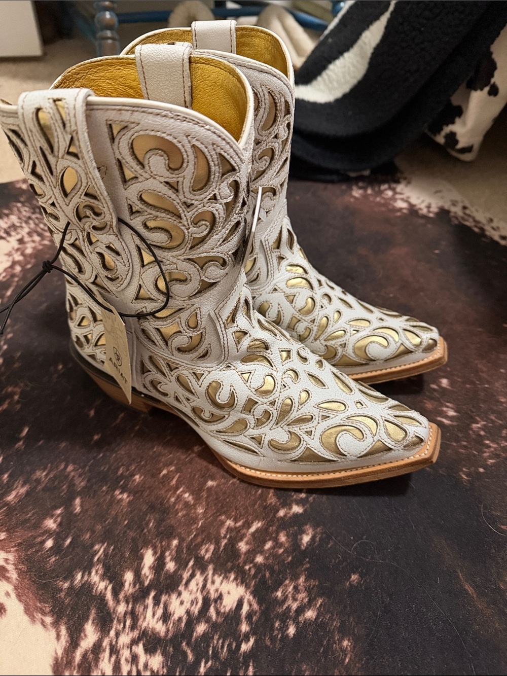 Ariat Women's White and Gold Western Ankle Boots - Picture 1 of 6